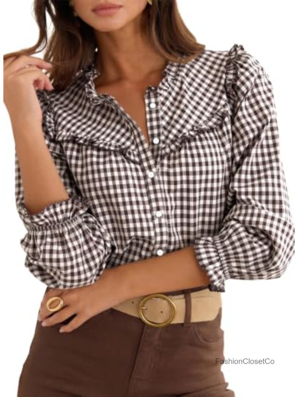 Gingham Button Down Shirt with Ruffle Collar and Puff Sleeves Fall Blouse